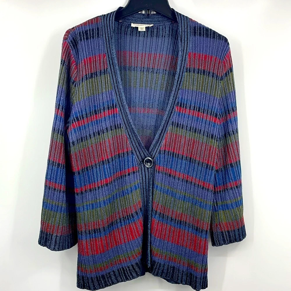 Y2k Coldwater Creek Indigo Stripe Cardigan Sweater Size Medium 10 12 NWT